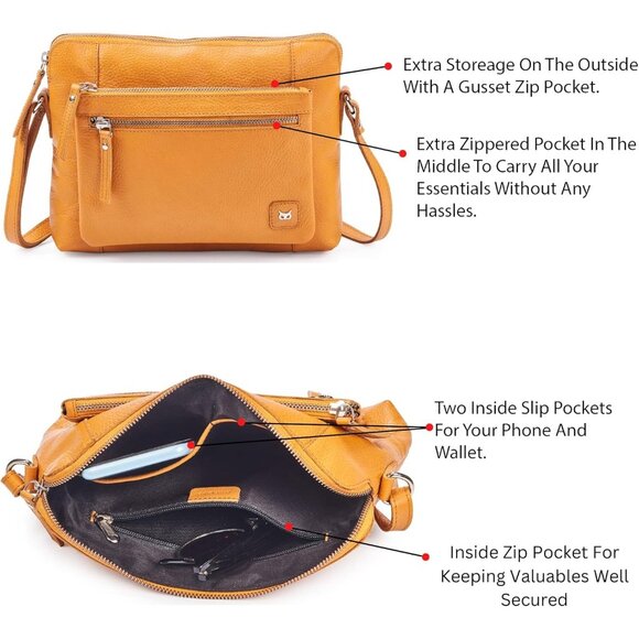 Women Mustard Imported Leather Polyester Crossbody Sling Shoulder Crossover Bag - Picture 4 of 6
